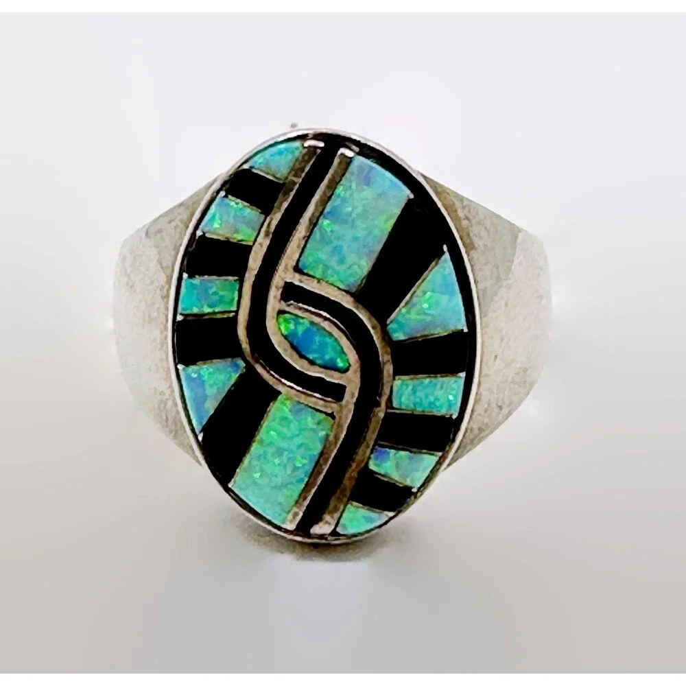Vintage Zuni Opal & Black Onyx Inlaid Sterling Silver Ring, Size 11